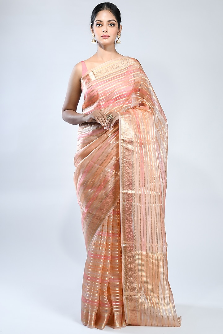 Peach Pink Striped Handwoven Saree by Sacred Weaves