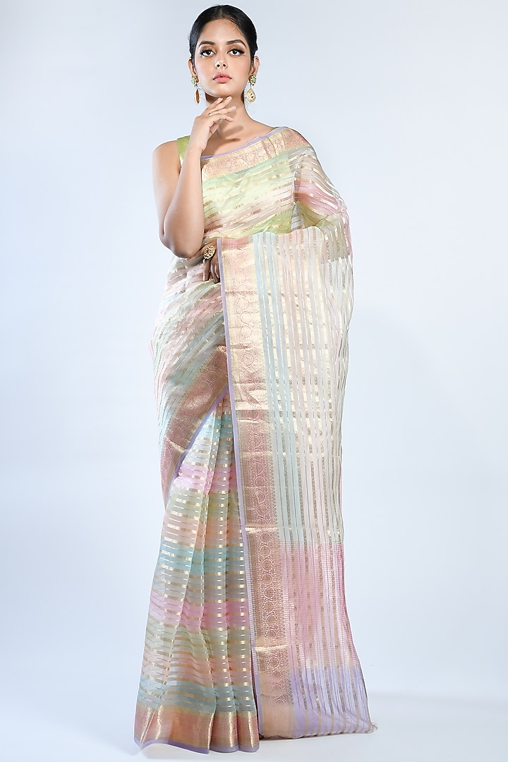Purple & Pink Striped Handwoven Saree by Sacred Weaves