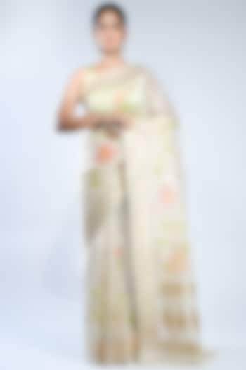 Off-White Pure Organza Silk Handwoven Saree by Sacred Weaves