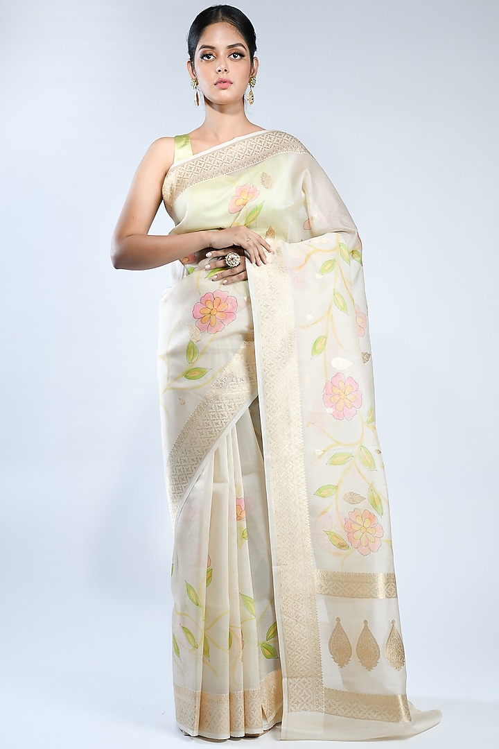Off-White Pure Organza Silk Handwoven Saree by Sacred Weaves