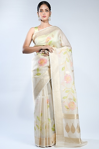 Off-White Pure Organza Silk Handwoven Saree by Sacred Weaves