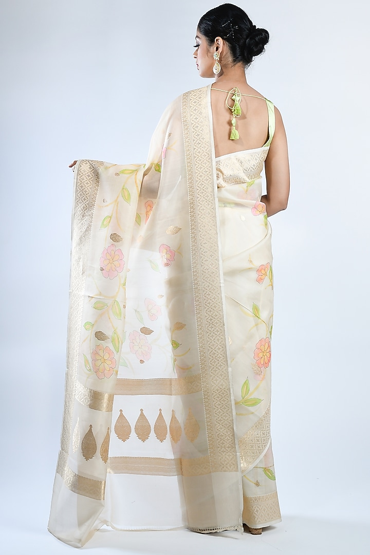Off-White Pure Organza Silk Handwoven Party Wear Saree by Sacred Weaves at Pernia's Pop Up Shop