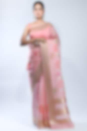 Pink Pure Organza Silk Handwoven Saree by Sacred Weaves