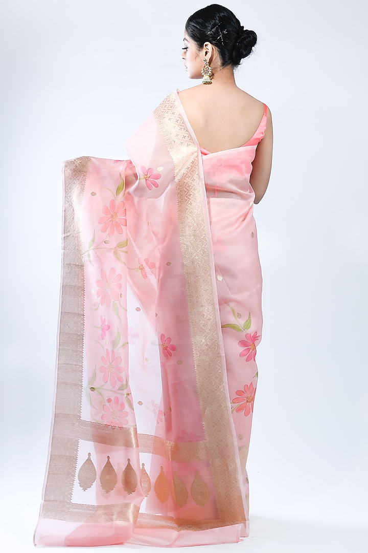 Pink Pure Organza Silk Handwoven Party Wear Saree by Sacred Weaves at Pernia's Pop Up Shop