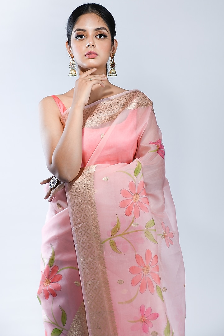 Pink Pure Organza Silk Handwoven Party Wear Saree by Sacred Weaves at Pernia's Pop Up Shop