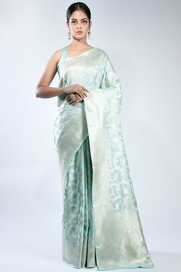 Sea Green Pure Mashru Satin Silk Handwoven Saree by Sacred Weaves