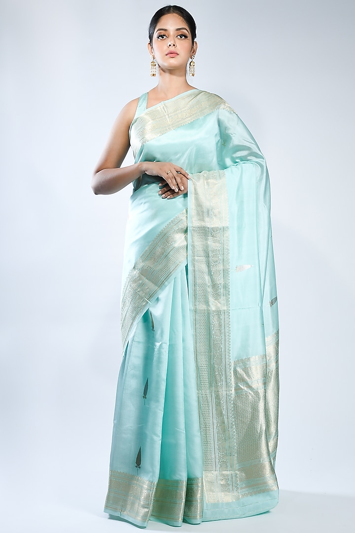 Sea Green Katan Silk Handwoven Saree by Sacred Weaves