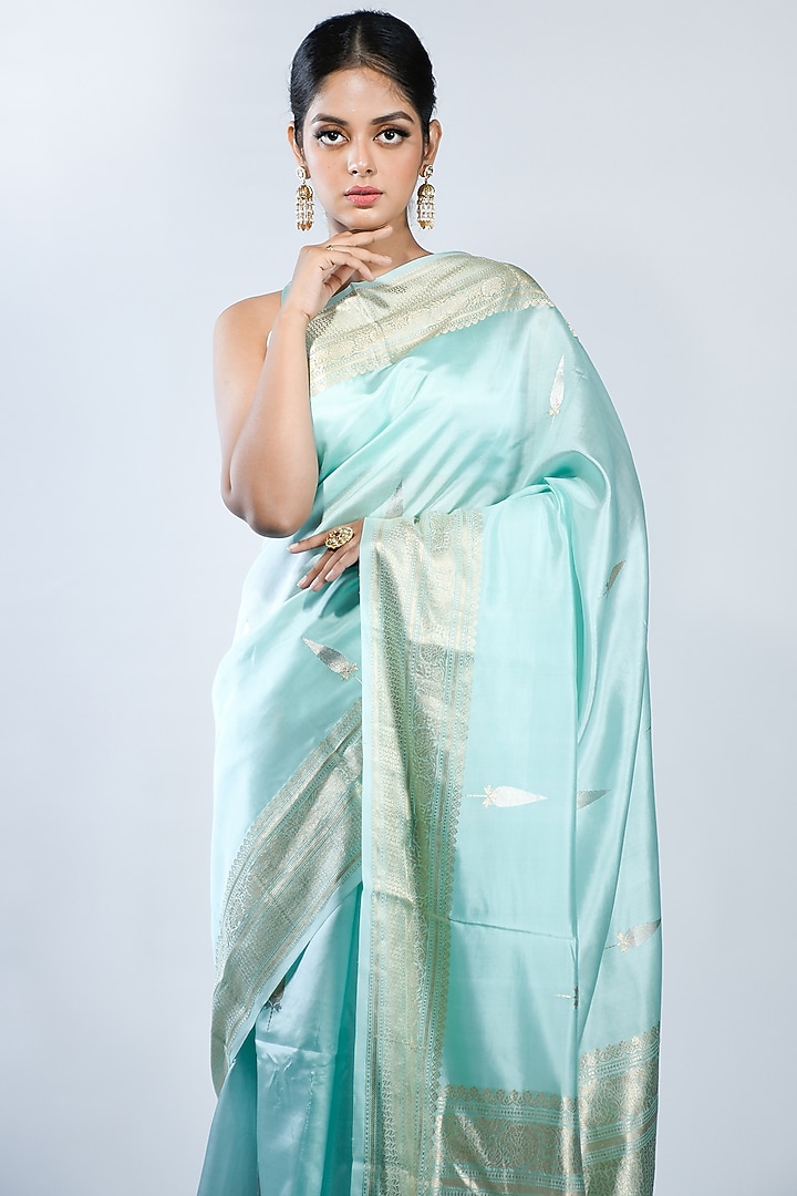 Sea Green Katan Silk Handwoven Party Wear Saree by Sacred Weaves at Pernia's Pop Up Shop