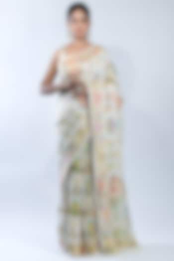 Off-White Khadi Georgette Handwoven Saree by Sacred Weaves