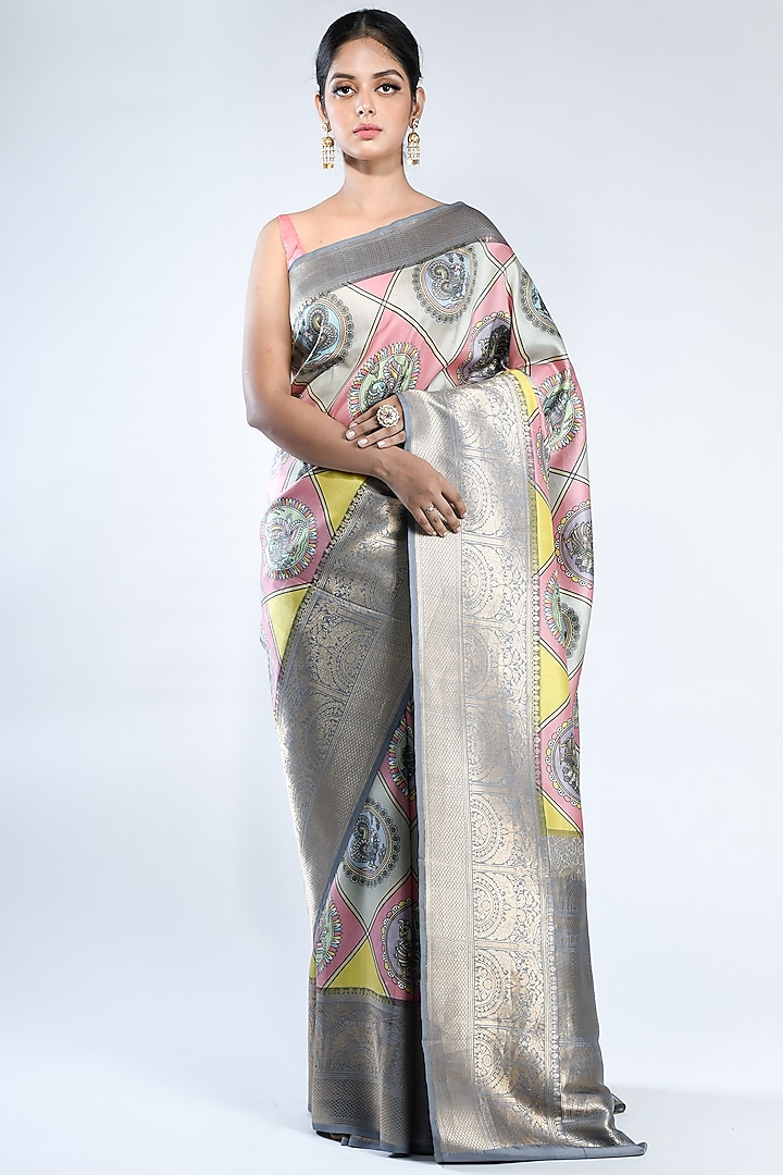 Grey & Pink Pure Katan Silk Printed Handwoven Saree by Sacred Weaves
