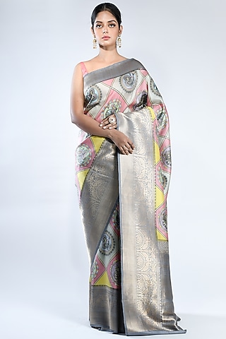 Grey & Pink Pure Katan Silk Printed Handwoven Saree by Sacred Weaves