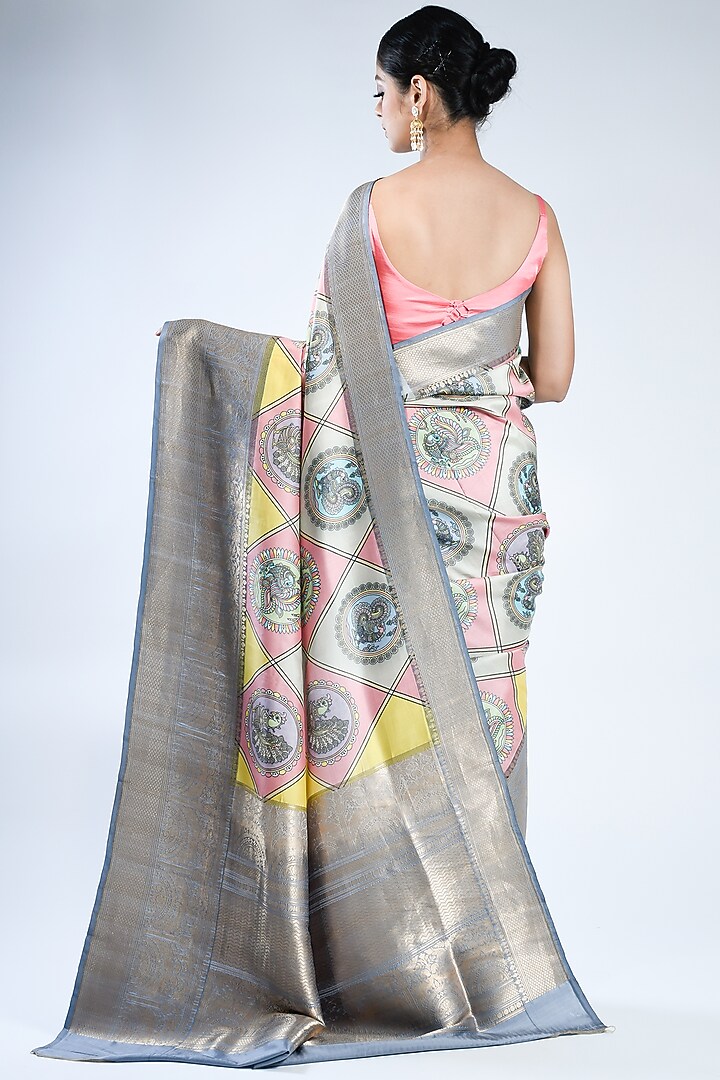 Grey & Pink Pure Katan Silk Printed Handwoven Wedding Saree by Sacred Weaves at Pernia's Pop Up Shop