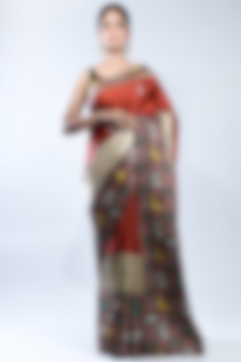 Maroon Printed Handwoven Saree by Sacred Weaves