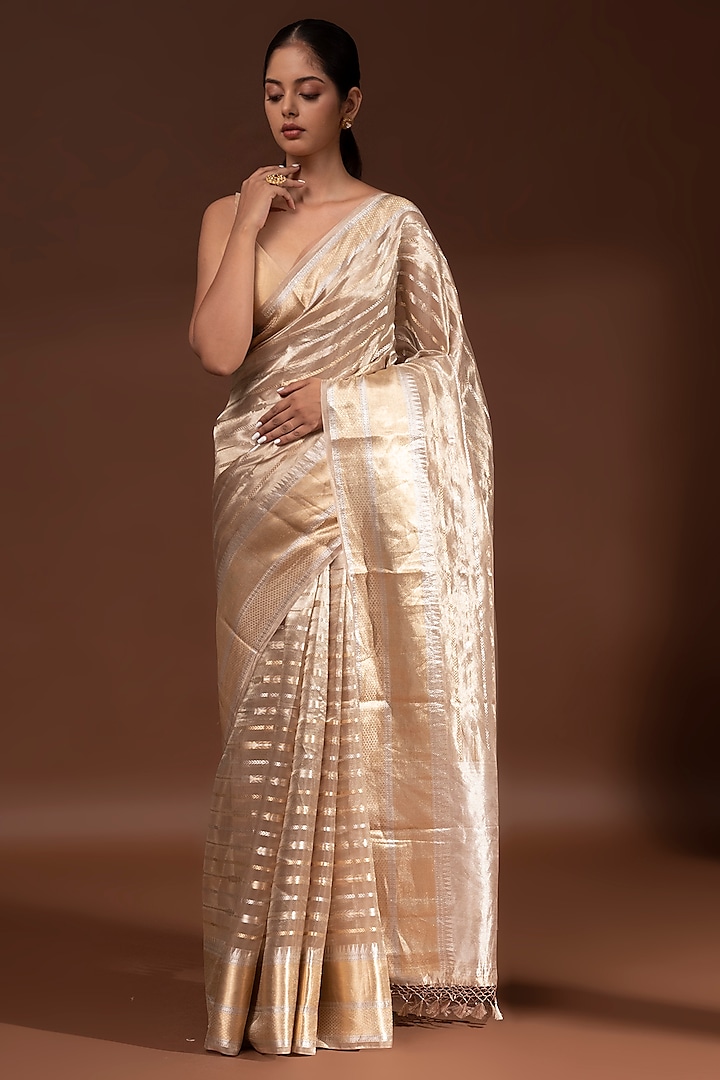 Dark Beige Banarasi Tissue Zari Work Saree by Sacred Weaves at Pernia's Pop Up Shop