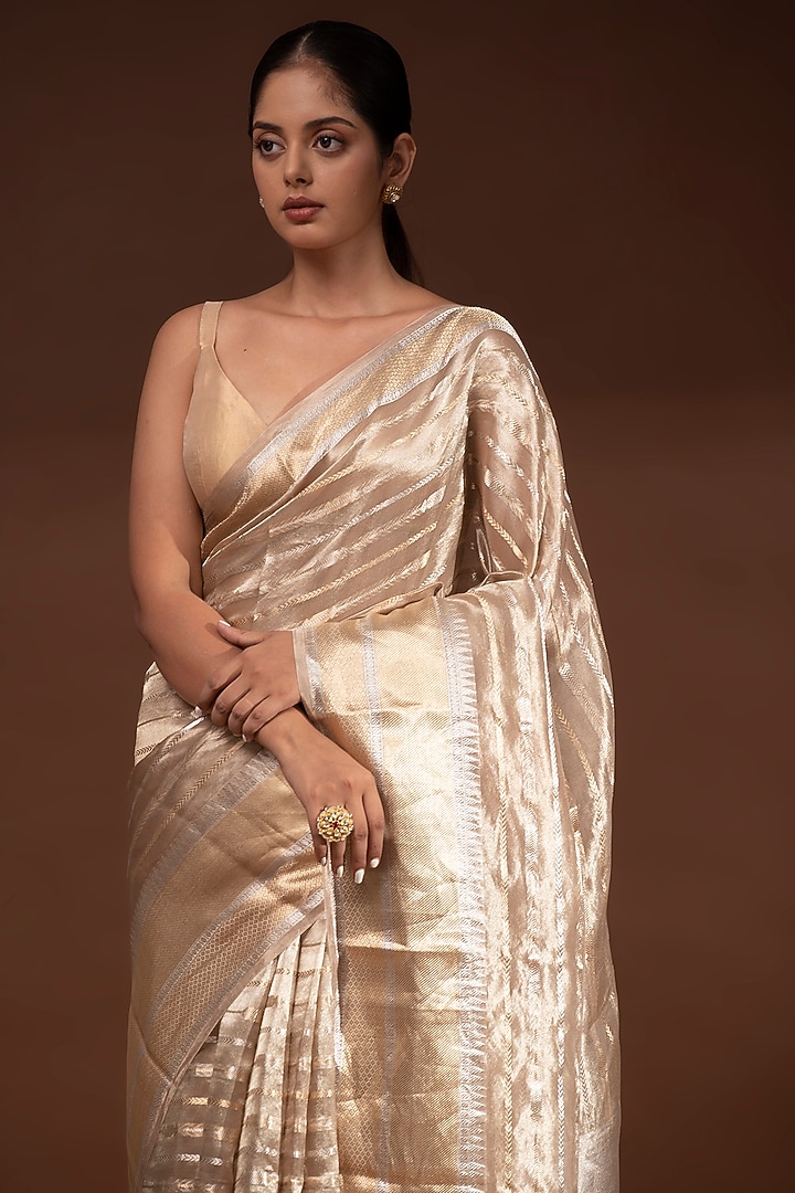 Dark Beige Banarasi Tissue Zari Work Wedding Saree by Sacred Weaves at Pernia's Pop Up Shop