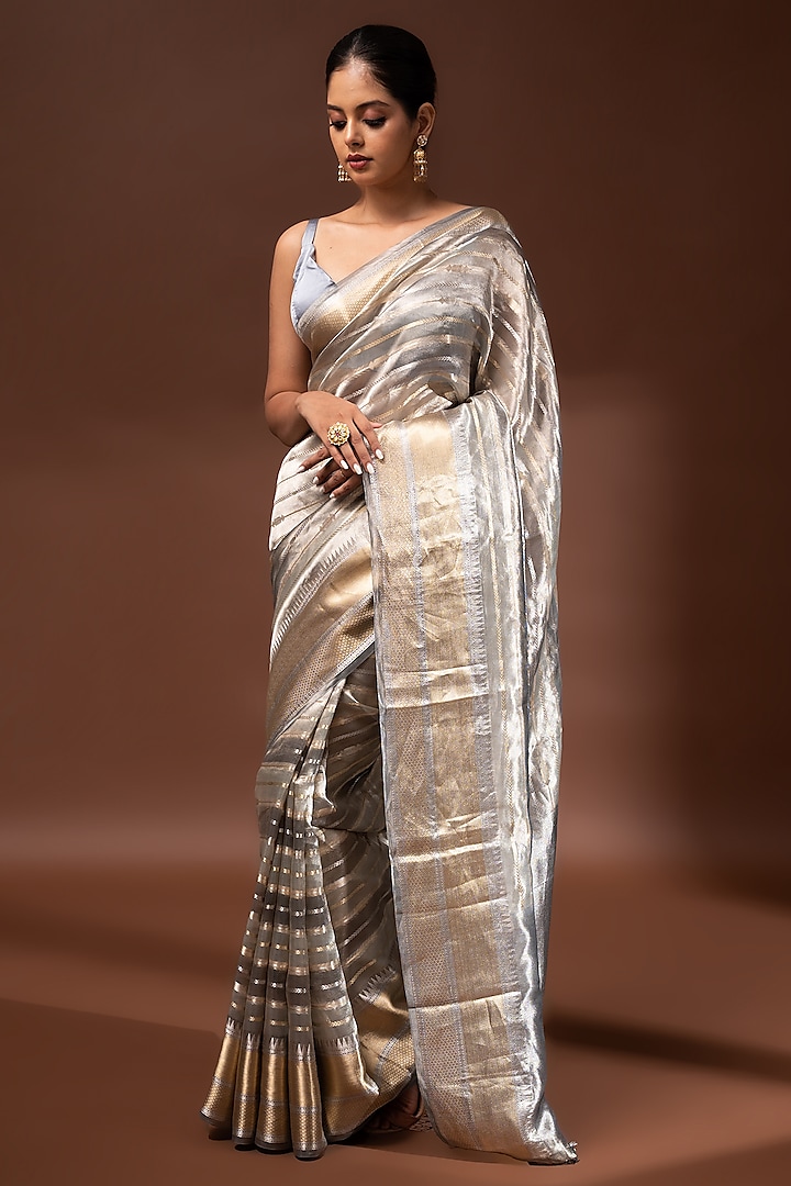 Grey Banarasi Tissue Zari Work Saree by Sacred Weaves at Pernia's Pop Up Shop