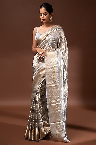 Grey Banarasi Tissue Zari Work Saree by Sacred Weaves