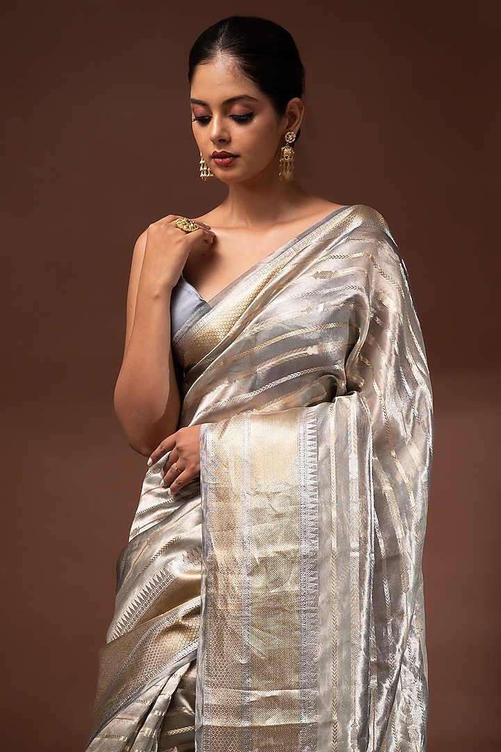 Grey Banarasi Tissue Zari Work Wedding Saree by Sacred Weaves at Pernia's Pop Up Shop