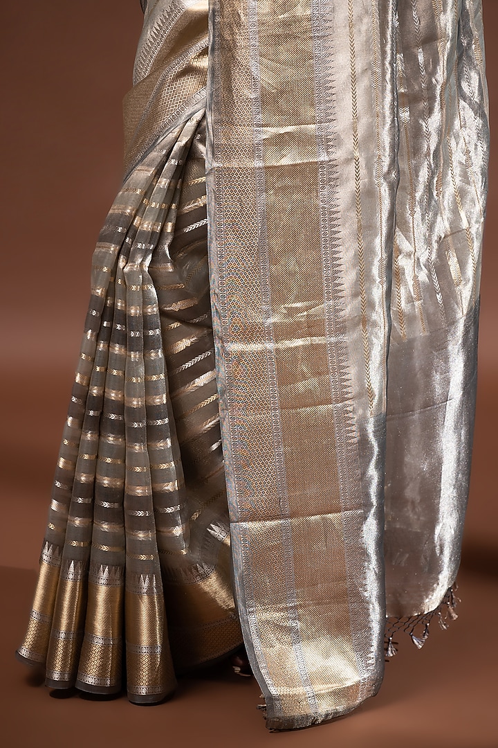 Grey Banarasi Tissue Zari Work Wedding Saree by Sacred Weaves at Pernia's Pop Up Shop