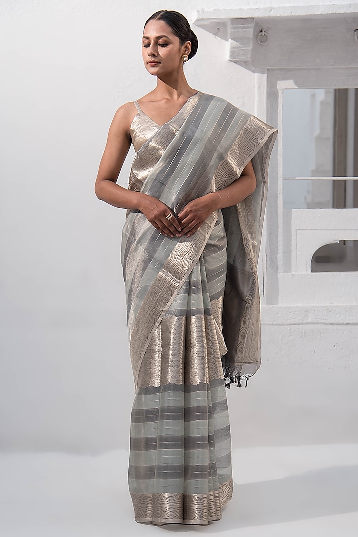 Grey Banarasi Tissue Zari Work Saree by Sacred Weaves at Pernia's Pop Up Shop