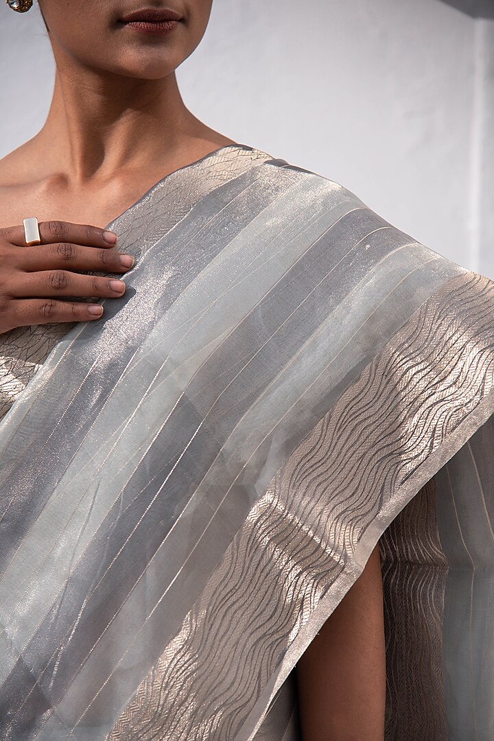 Grey Banarasi Tissue Zari Work Party Wear Saree by Sacred Weaves at Pernia's Pop Up Shop