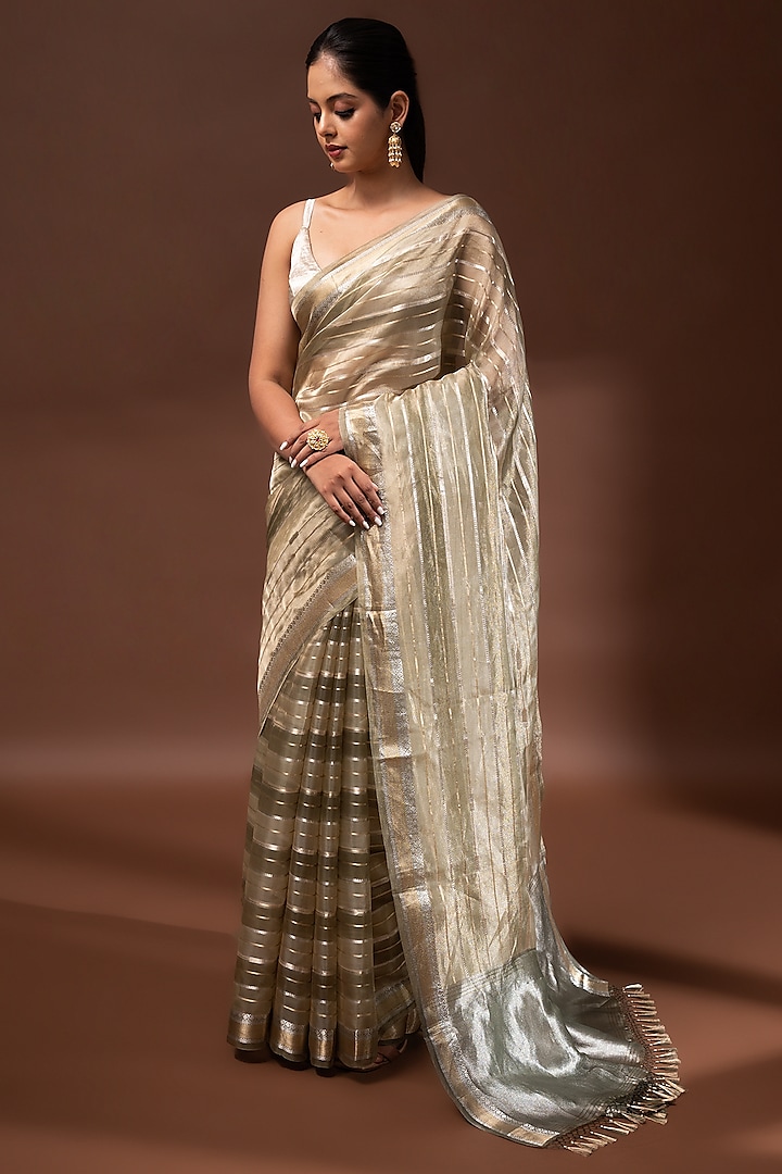 Olive Green Banarasi Tissue Zari Work Party Wear Saree by Sacred Weaves at Pernia's Pop Up Shop