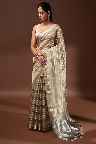 Olive Green Banarasi Tissue Zari Work Saree by Sacred Weaves