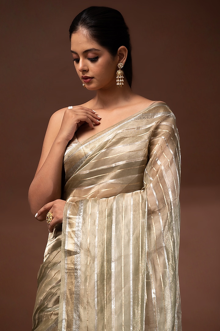 Olive Green Banarasi Tissue Zari Work Party Wear Saree by Sacred Weaves at Pernia's Pop Up Shop