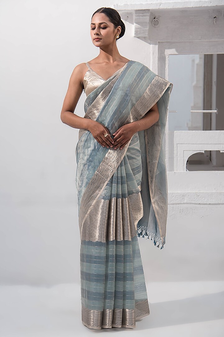 Aqua Blue Banarasi Tissue Zari Work Saree by Sacred Weaves