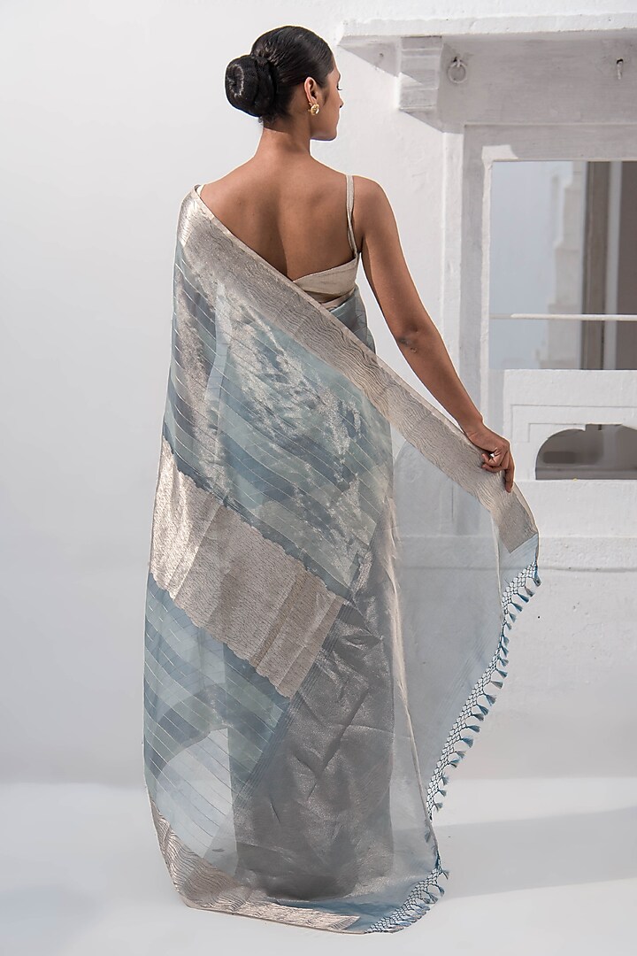 Aqua Blue Banarasi Tissue Zari Work Party Wear Saree by Sacred Weaves at Pernia's Pop Up Shop