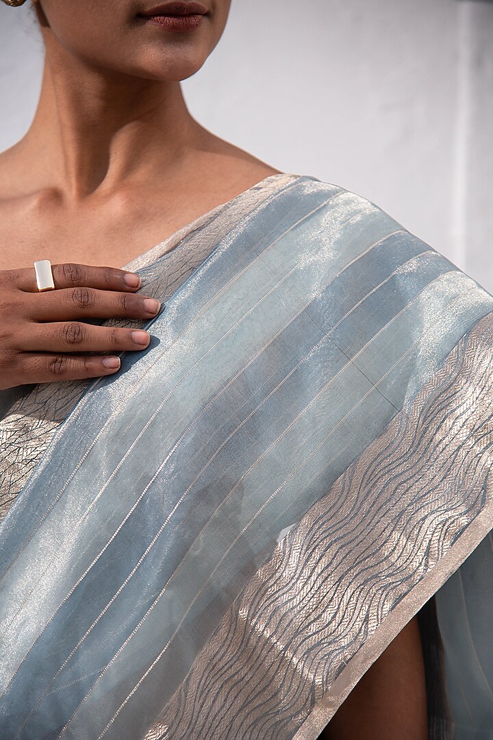 Aqua Blue Banarasi Tissue Zari Work Party Wear Saree by Sacred Weaves at Pernia's Pop Up Shop
