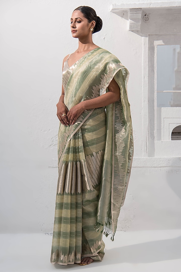 Moss Green Banarasi Tissue Zari Work Saree by Sacred Weaves at Pernia's Pop Up Shop