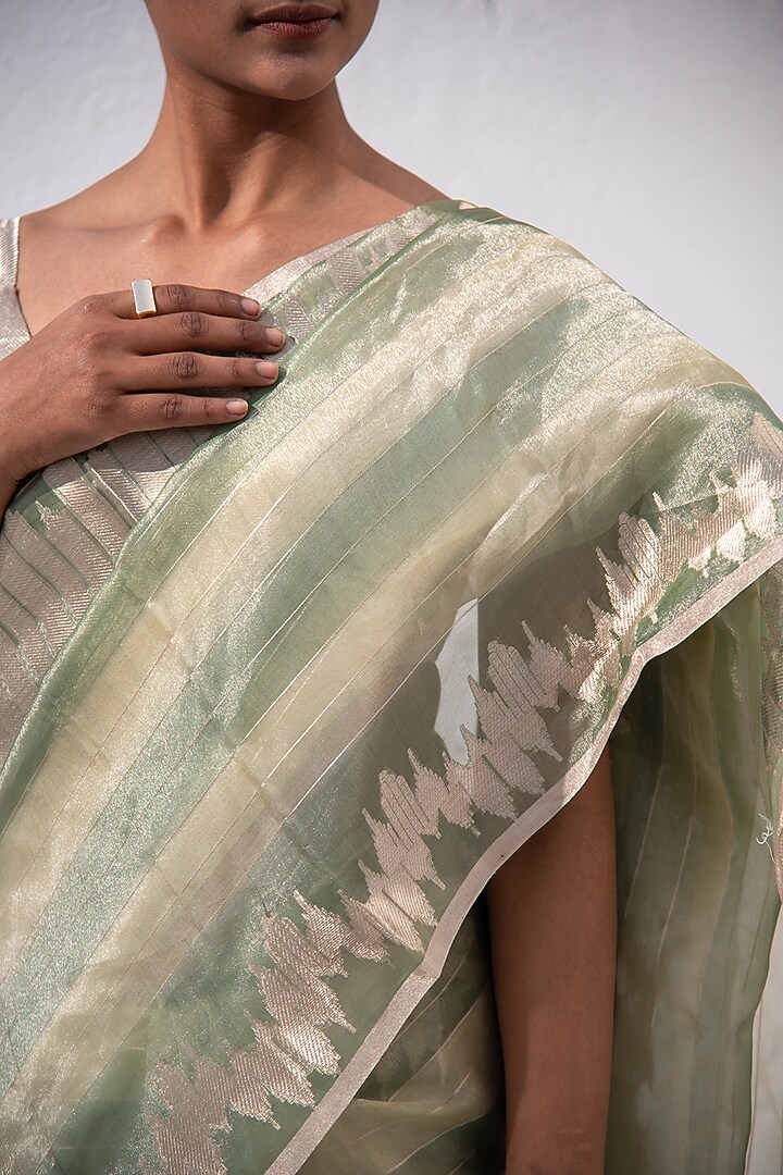 Moss Green Banarasi Tissue Zari Work Party Wear Saree by Sacred Weaves at Pernia's Pop Up Shop
