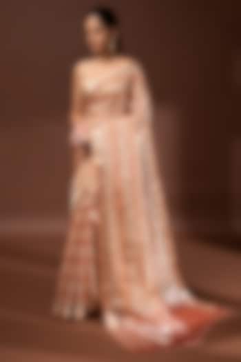 Pastel Peach Banarasi Tissue Zari Work Party Wear Saree by Sacred Weaves at Pernia's Pop Up Shop