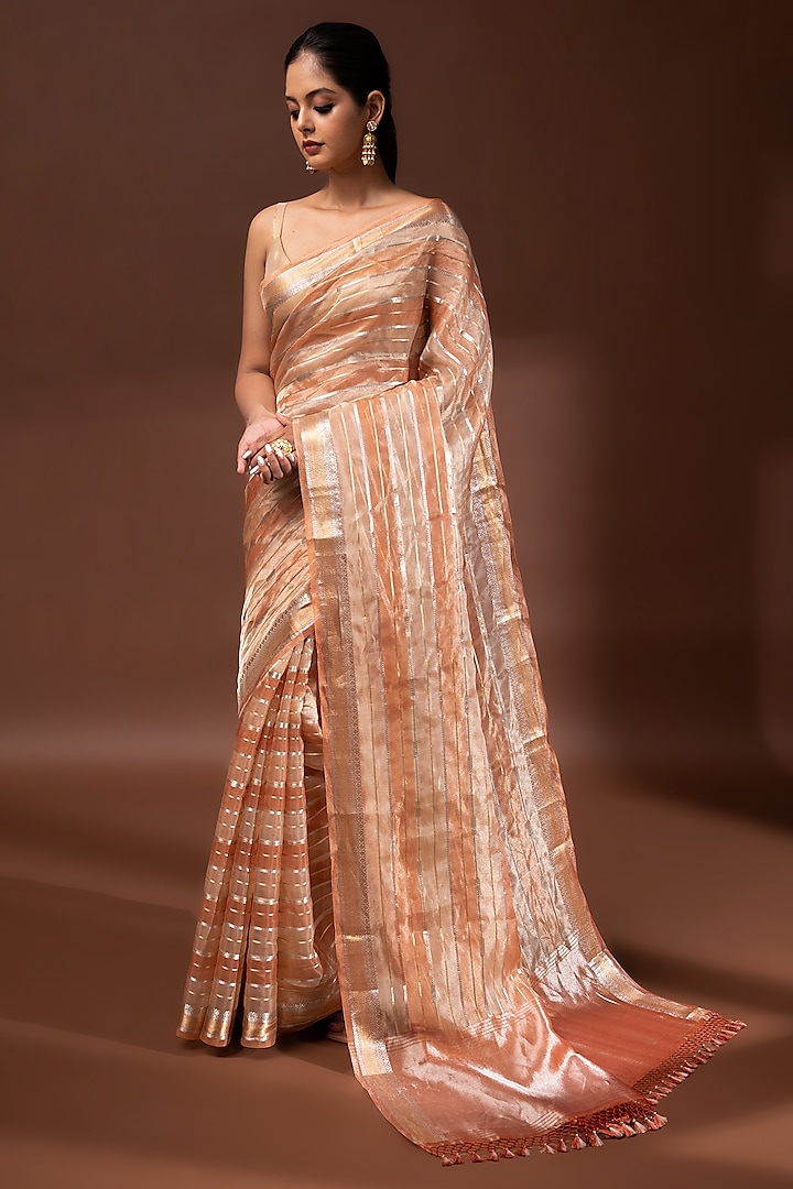Pastel Peach Banarasi Tissue Zari Work Party Wear Saree by Sacred Weaves at Pernia's Pop Up Shop