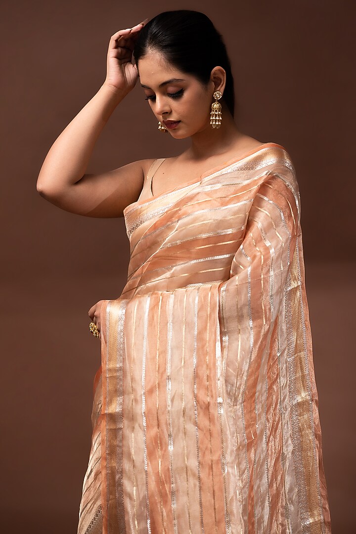 Pastel Peach Banarasi Tissue Zari Work Party Wear Saree by Sacred Weaves at Pernia's Pop Up Shop