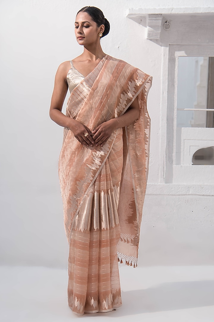 Pastel Peach Banarasi Tissue Zari Work Saree by Sacred Weaves at Pernia's Pop Up Shop