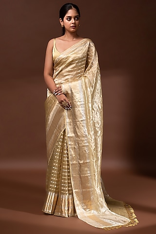 Pastel Yellow Banarasi Tissue Zari Work Saree by Sacred Weaves
