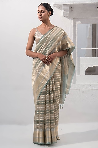 Teal Blue Banarasi Tissue Zari Work Saree by Sacred Weaves