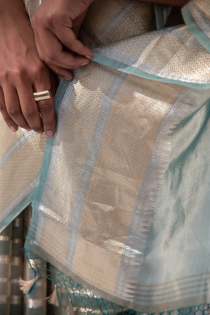 Teal Blue Banarasi Tissue Zari Work Wedding Saree by Sacred Weaves at Pernia's Pop Up Shop