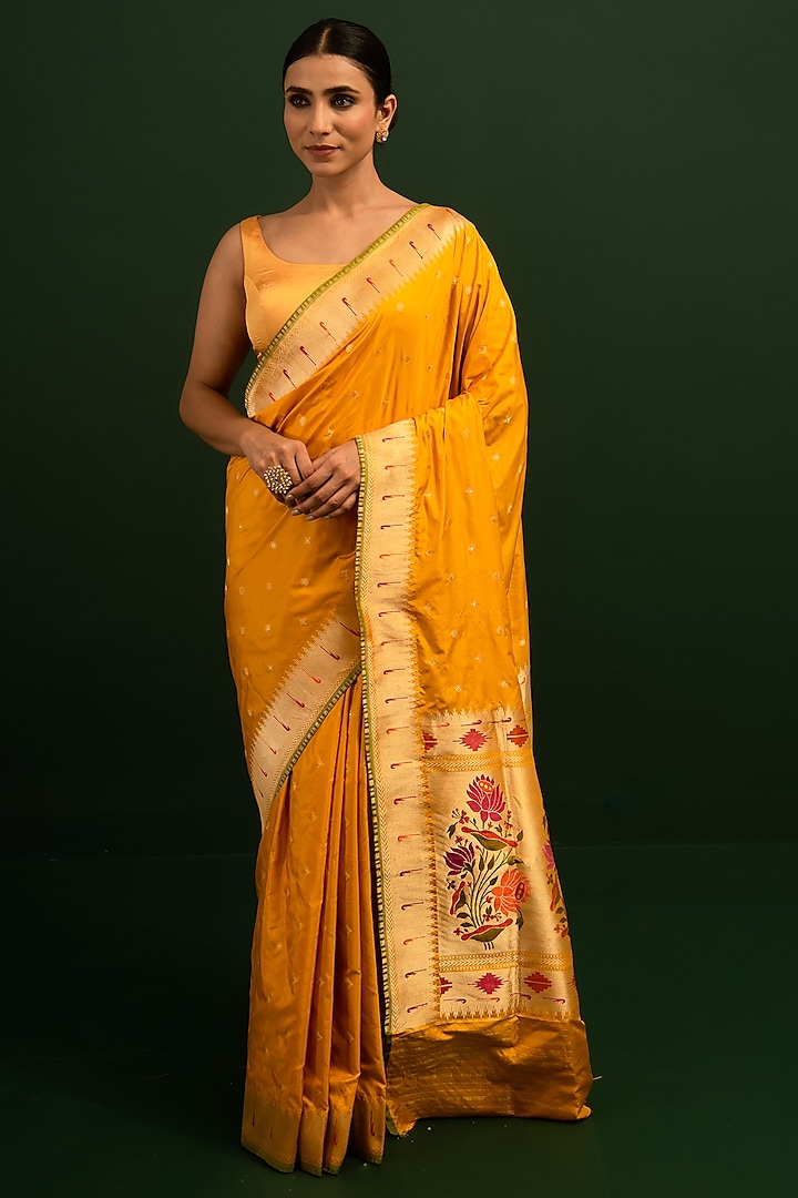 Mustard Handloom Paithani Katan Silk Banarasi Saree by Sacred Weaves