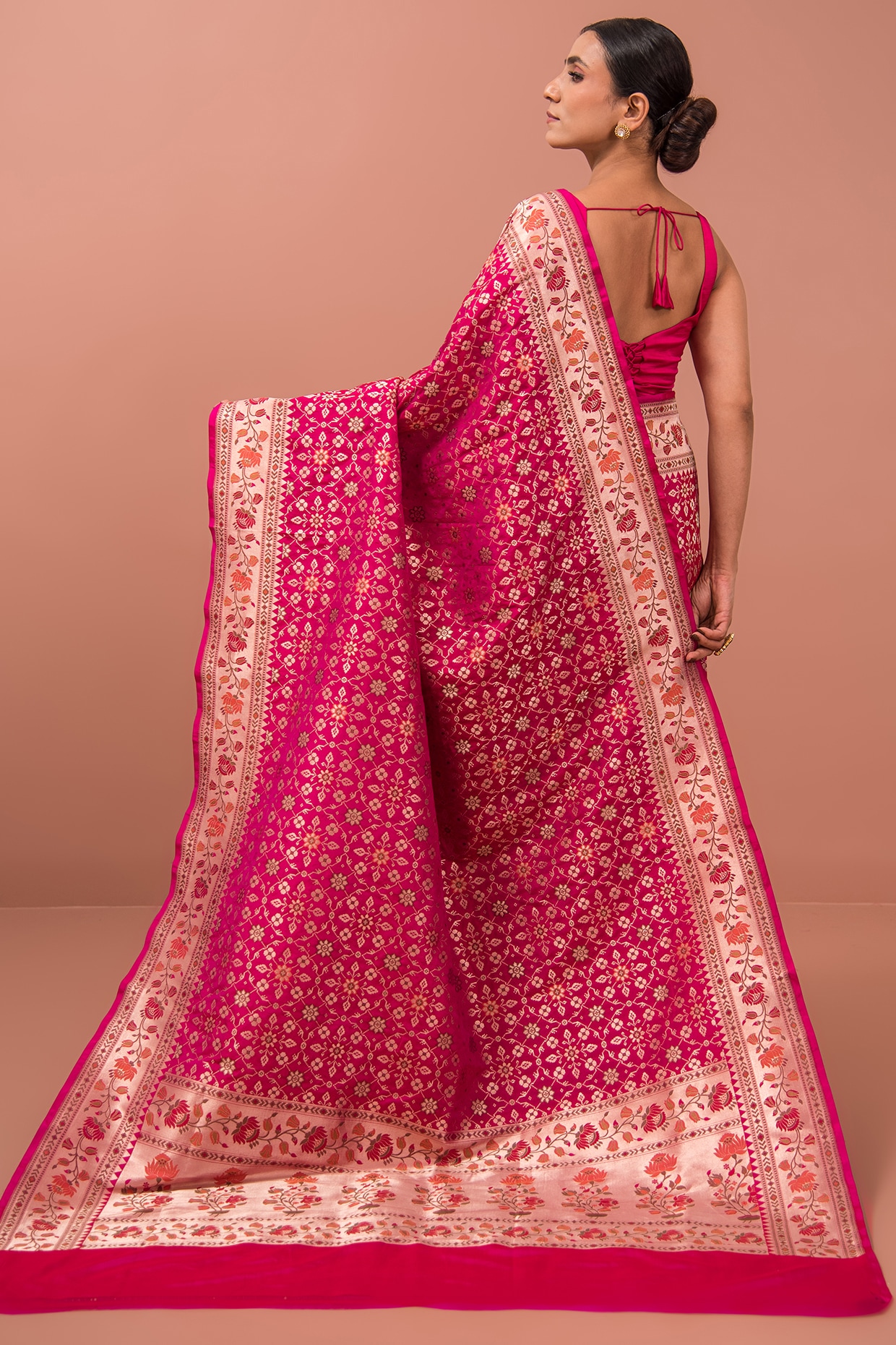 Banarasi Katan Silk Saree with Meenakari border | Pink | Handwoven | S –  ShopNayaStore