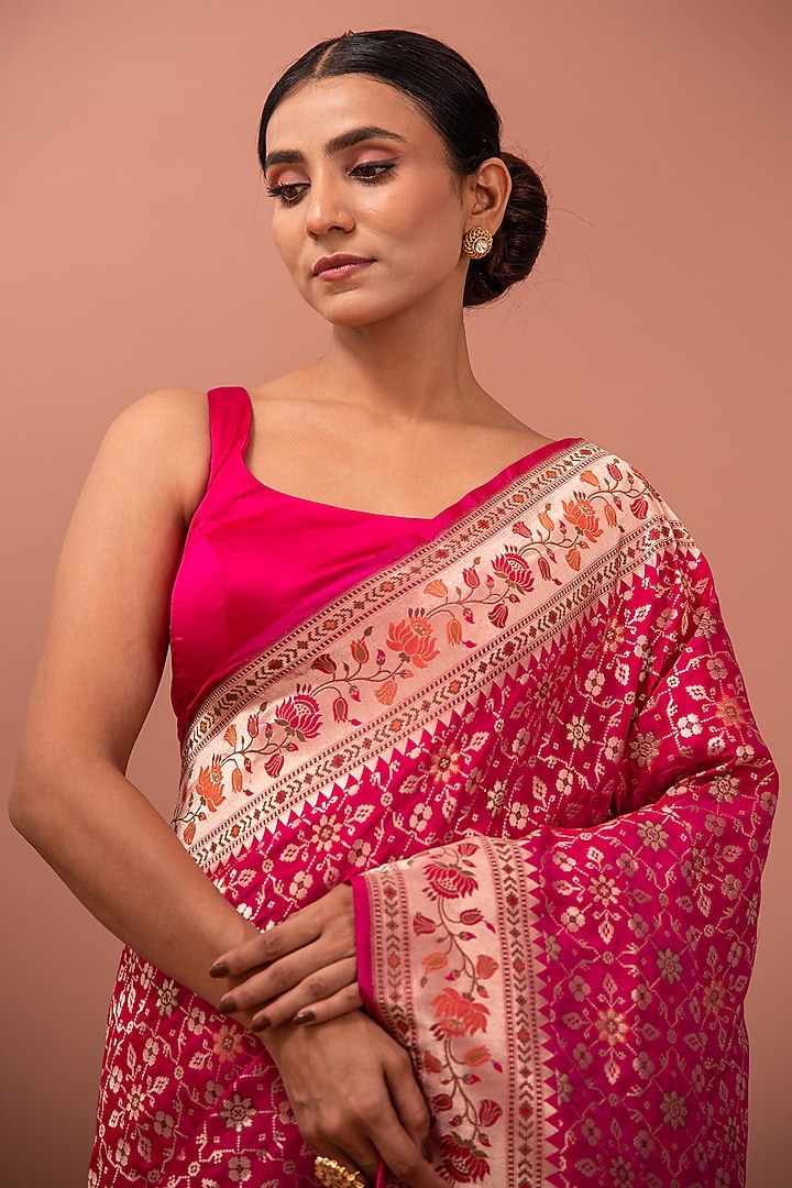 Magenta Handloom Paithani Meenakari Katan Silk Banarasi Wedding Saree by Sacred Weaves at Pernia's Pop Up Shop