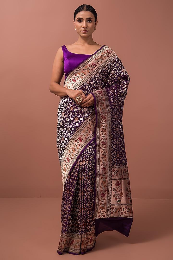 Purple Handloom Paithani Meenakari Katan Silk Banarasi Saree by Sacred Weaves