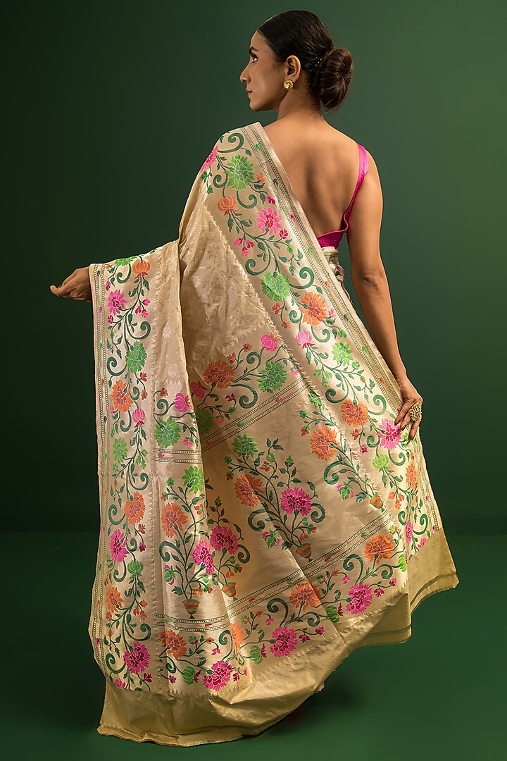 Cream Handloom Paithani Katan Silk Banarasi Wedding Saree by Sacred Weaves at Pernia's Pop Up Shop
