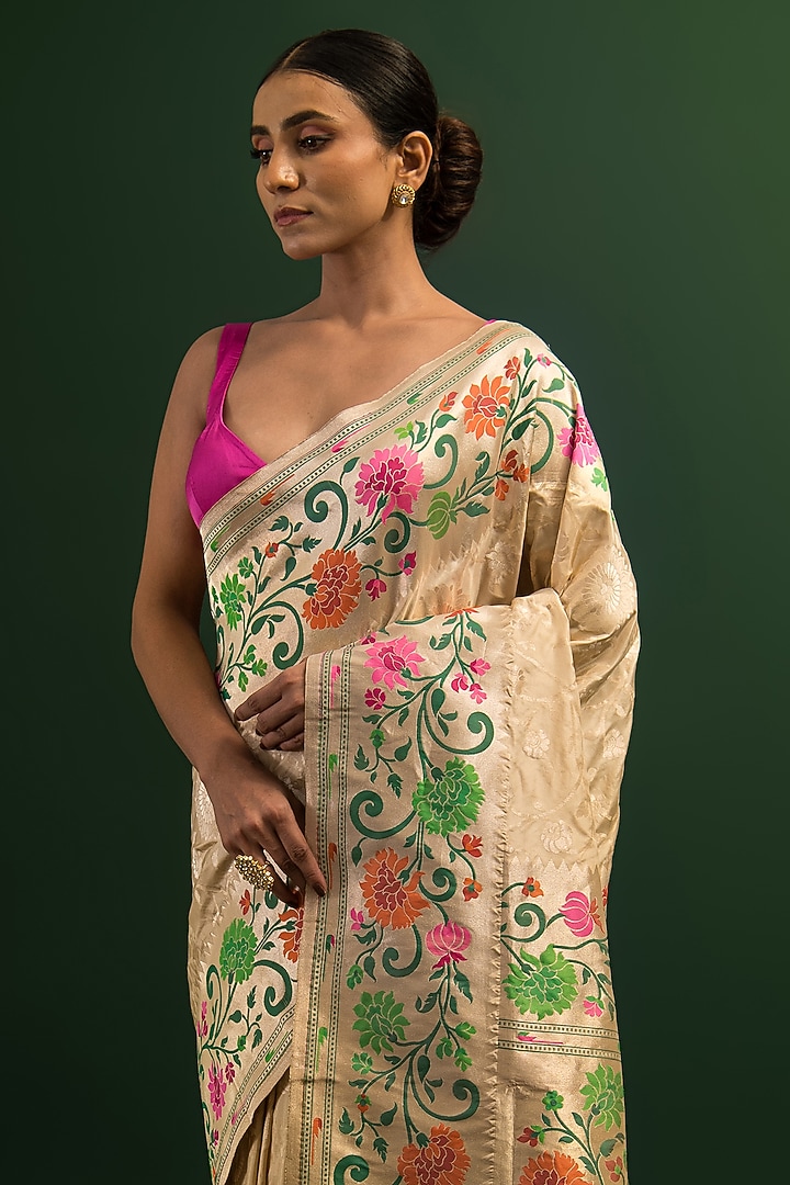 Cream Handloom Paithani Katan Silk Banarasi Wedding Saree by Sacred Weaves at Pernia's Pop Up Shop