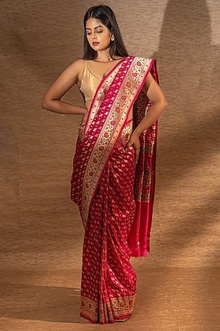 Dark Pink Handloom Paithani Meenakari Katan Silk Banarasi Saree by Sacred Weaves