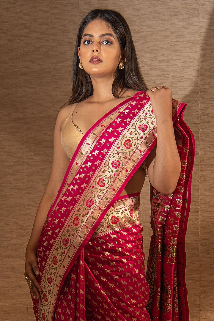 Dark Pink Handloom Paithani Meenakari Katan Silk Banarasi Wedding Saree by Sacred Weaves at Pernia's Pop Up Shop