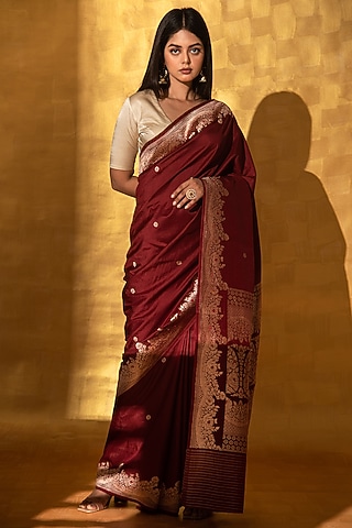 Maroon Handloom Meenakari Mashru Satin Banarasi Saree by Sacred Weaves