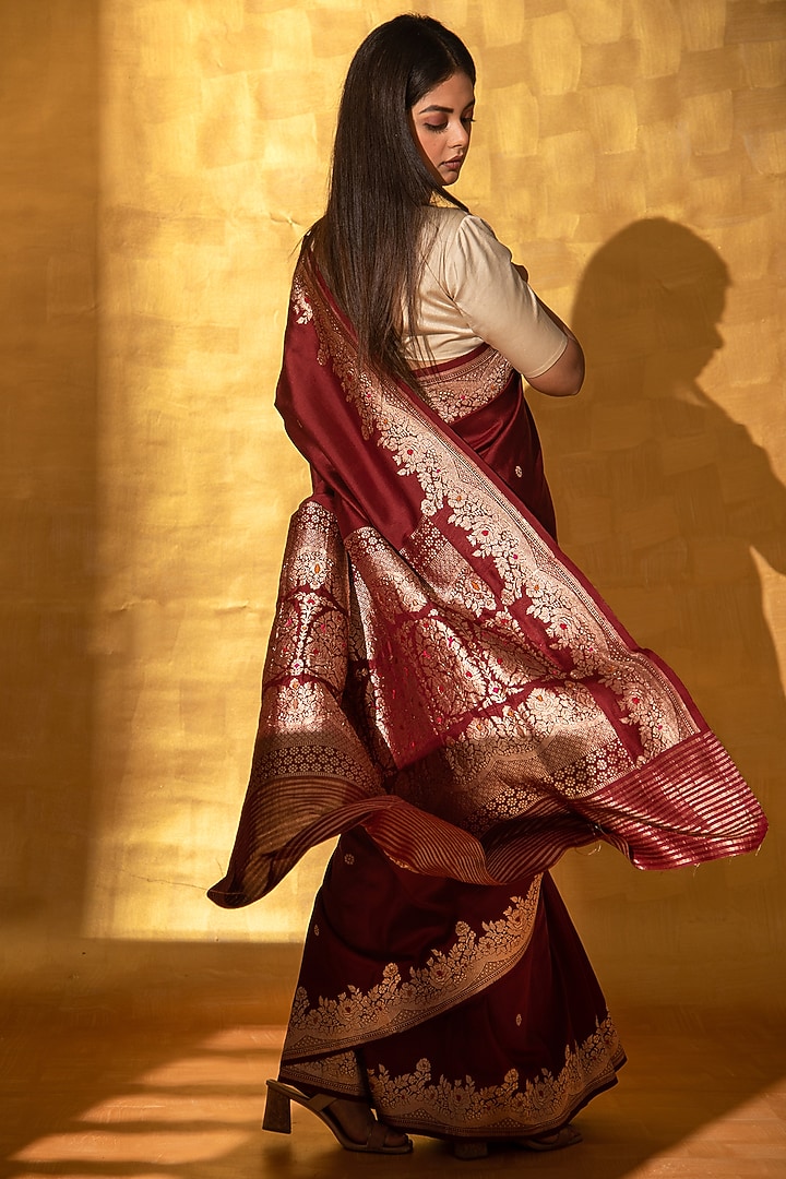Maroon Handloom Meenakari Mashru Satin Banarasi Wedding Saree by Sacred Weaves at Pernia's Pop Up Shop